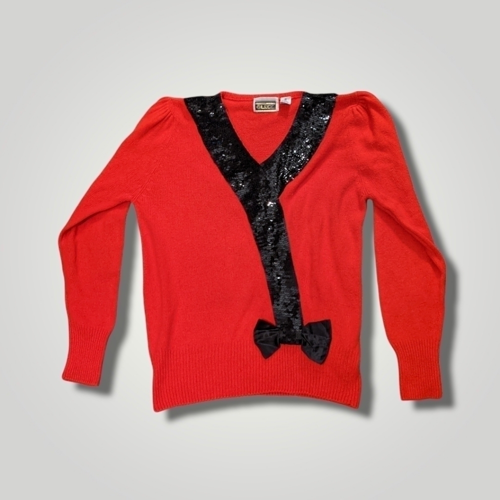 Silk & Angora Red Black Sequins Bow V-neck Vintage Sweater